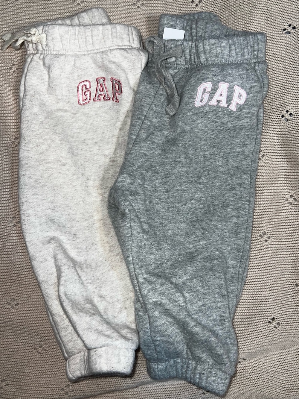 GAP Girls' Light Gray & Cream Sweatpants with Pink Logo Embroidery